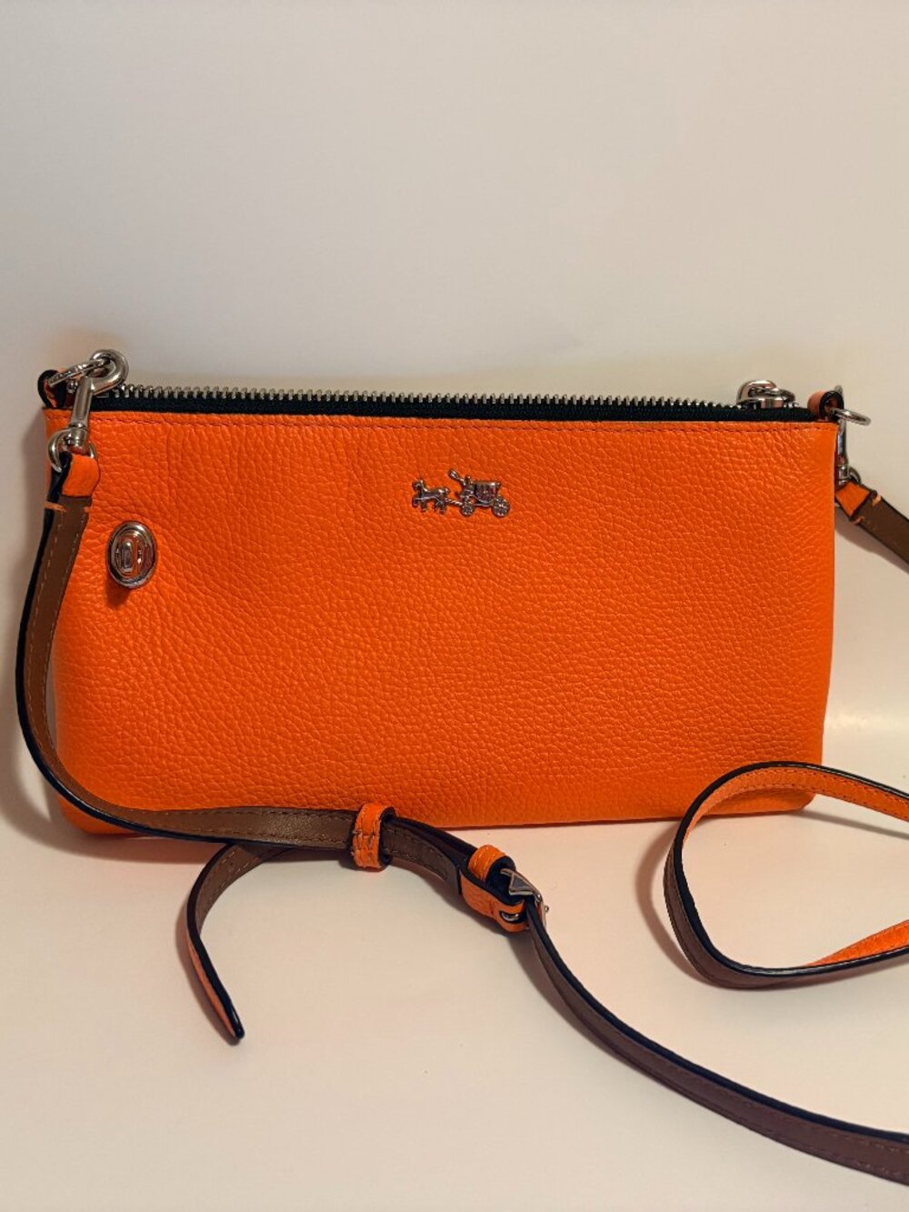 Coach Pebble Leather Crossbody Pouch Orange Tangerine Crossbody Clutch Like New